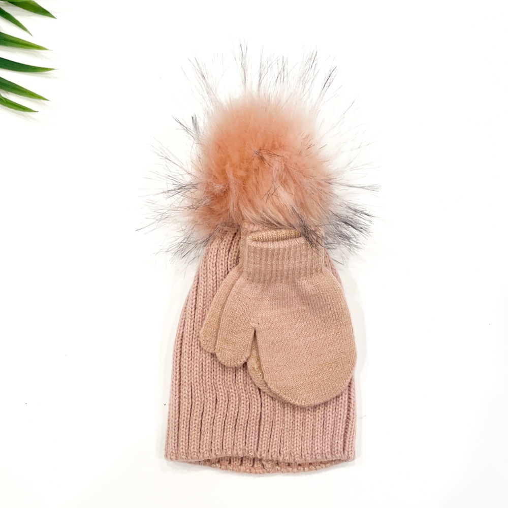 CURLS & PEARLS COUTURE Pom Pom Toddler Winter Hat and Mitten Set